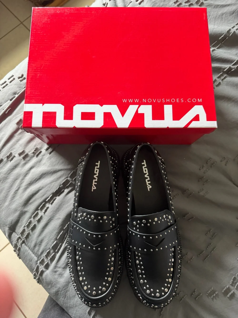 Black Studded Leather Loafers for Women